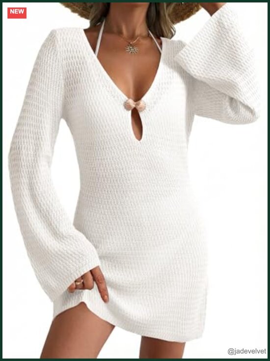 Other - Sexy Deep V Neck Crochet Knit Hollow Out Cover Up Dress Beach Swimsuit